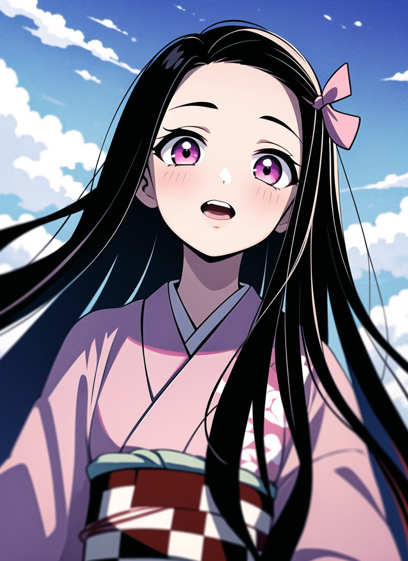 31076247-3357211909-kamado nezuko, 1girl, black hair, forehead, hair ribbon, japanese clothes, kimono, long hair, multicolored hair, open mouth, pin.png